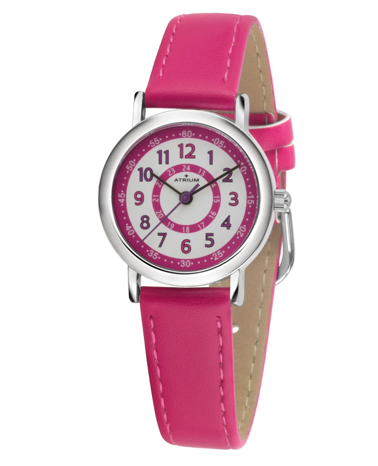 kinderuhr Pinkes lederarmband zifferblatt rosa kreise mit großen arabischen zahlen