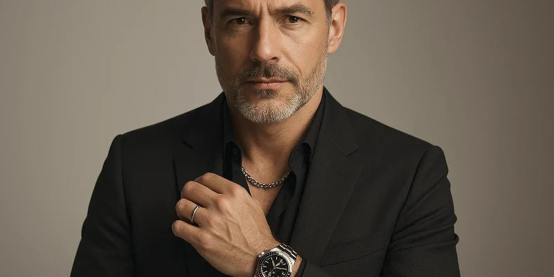 ein mann mit halskette und armbanduhr