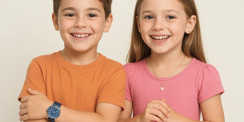 ein junge mit armbanduhr und ein mädchen mit halskette