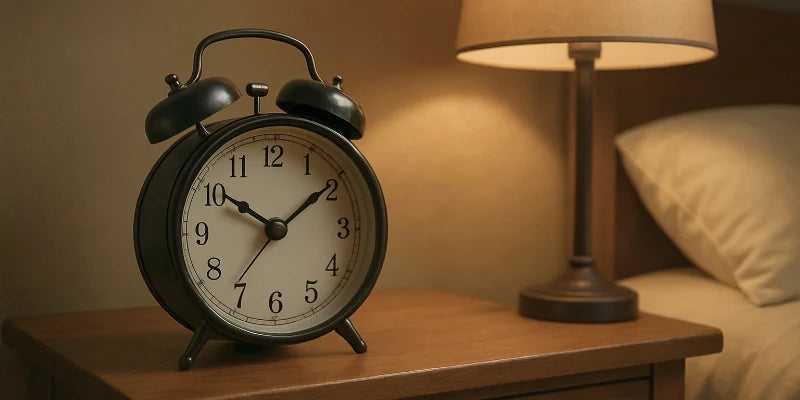 runder glockenwecker der am nachttisch steht