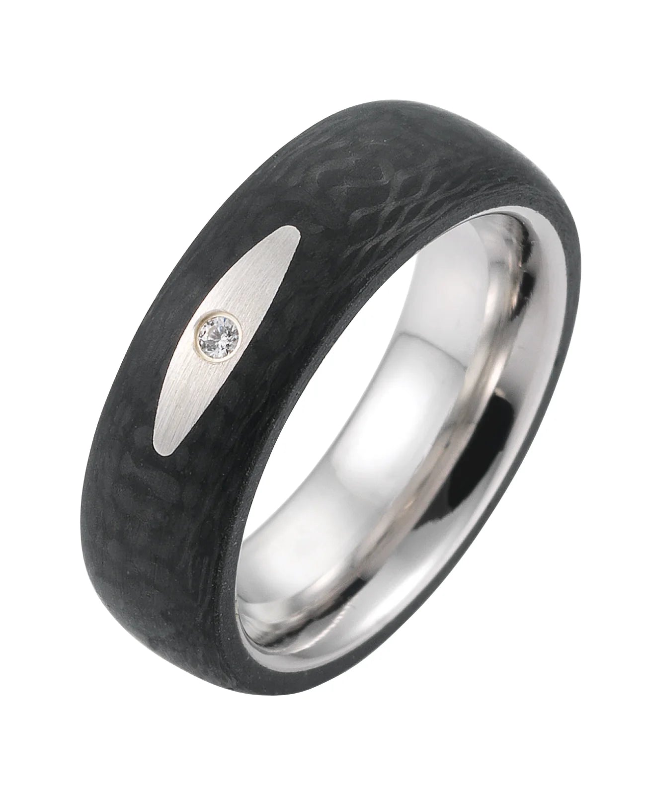 rundlicher carbon ring in der mitte ovale fläche mit 1 zirkonia stein
