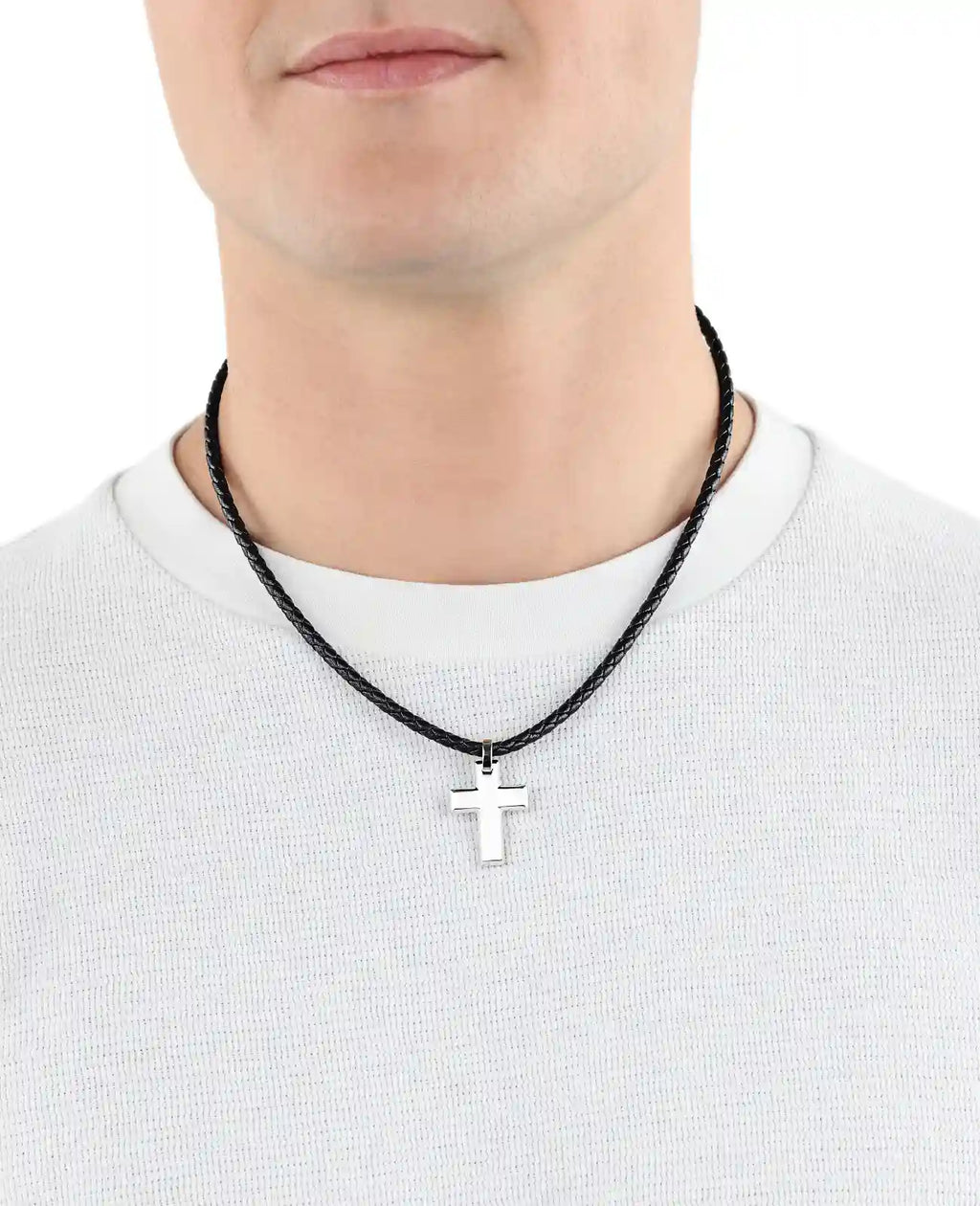 Geflochtene Lederkette mit eckigen kreuz anhänger