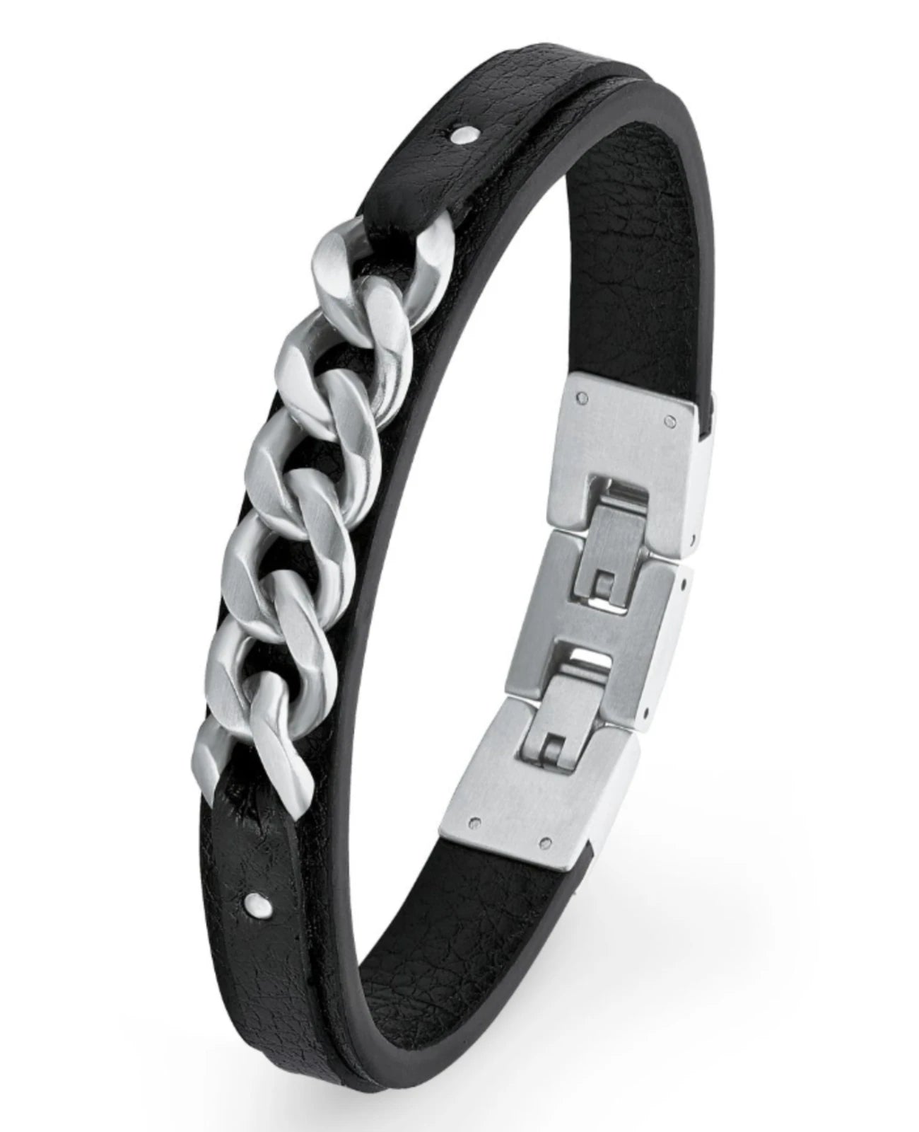 lederarmband mit edelstahl panzerkette oben aufgesetzt