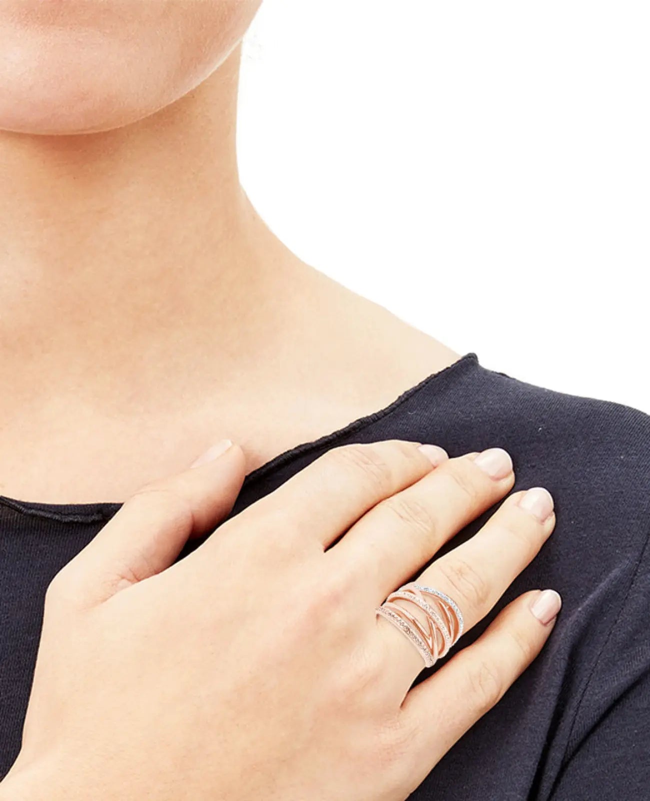 Mehrreihiger breiter rosefarbener ring mit weißen und hellbraunen steinen