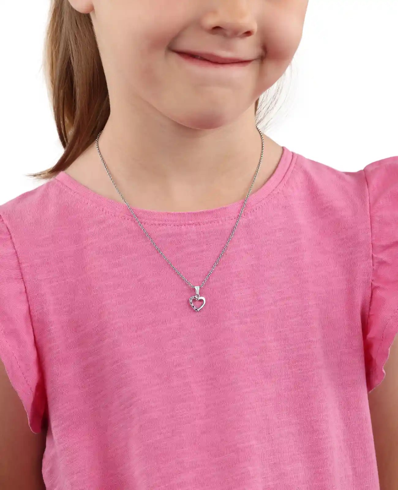 Ankerkette mit Anhänger offenes herz eine seite davon mit rosa und lila zirkonia belegt