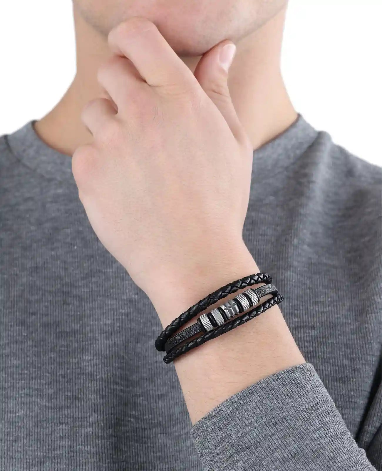 3 reihiges Lederarmband ein strang davon mit 5 edelstahlelementen