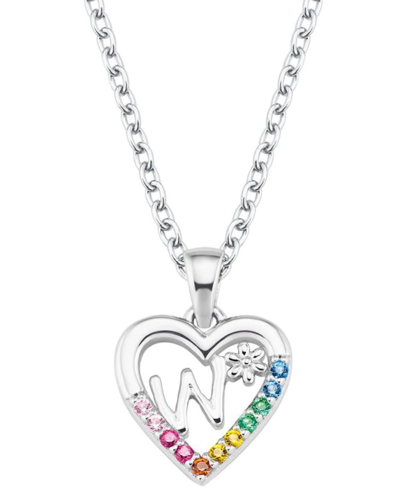 kette mit herz anhaenger farbige steine und buchstabe w in der mitte