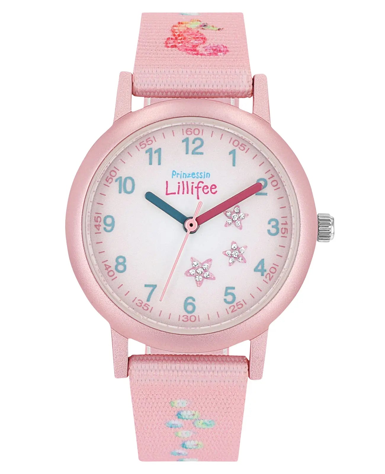 Rosa Kinderuhr mit arabischen zahlen und seesternmotiv am Textilarmband