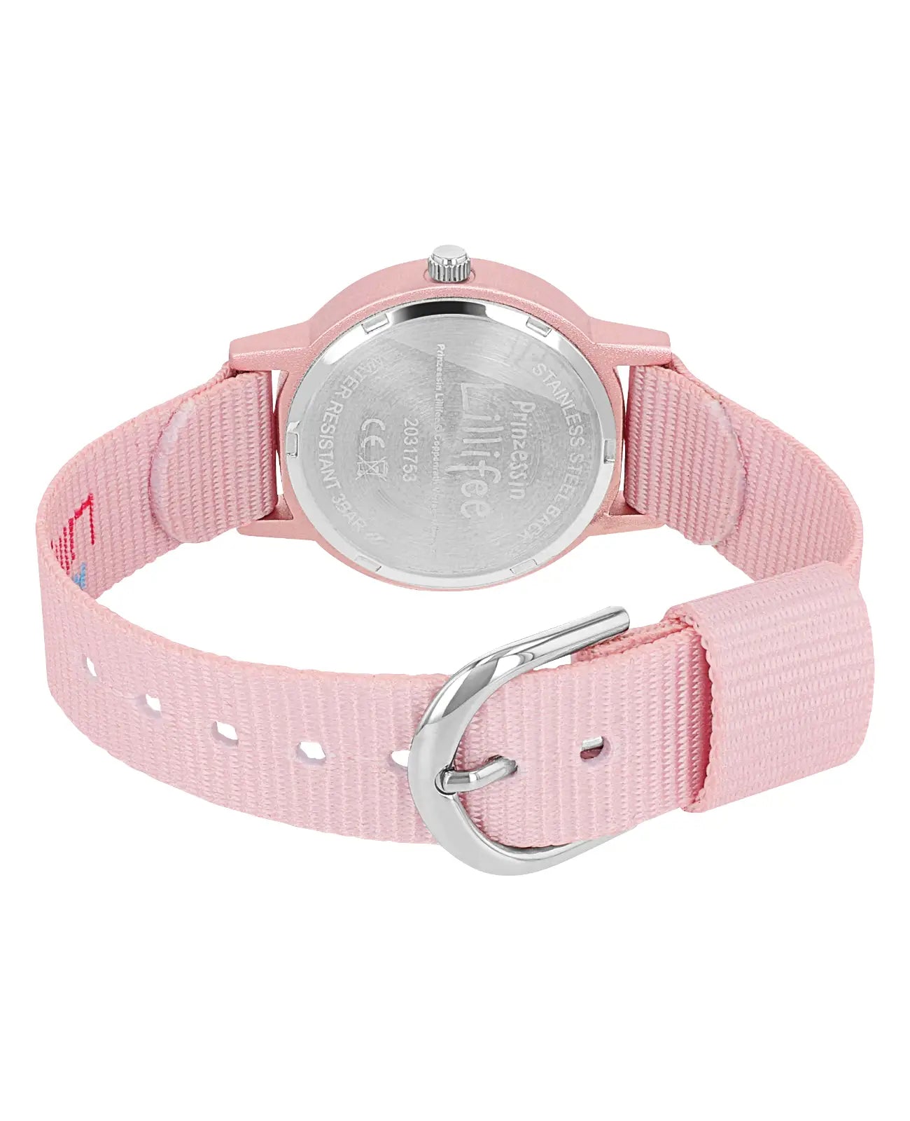 Rosa Kinderuhr mit arabischen zahlen und seesternmotiv am Textilarmband