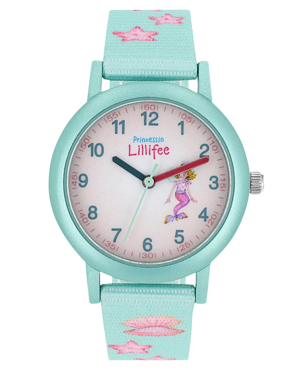 Türkise Kinderuhr mit arabischen zahlen und Seesternmotiven am textilarmband