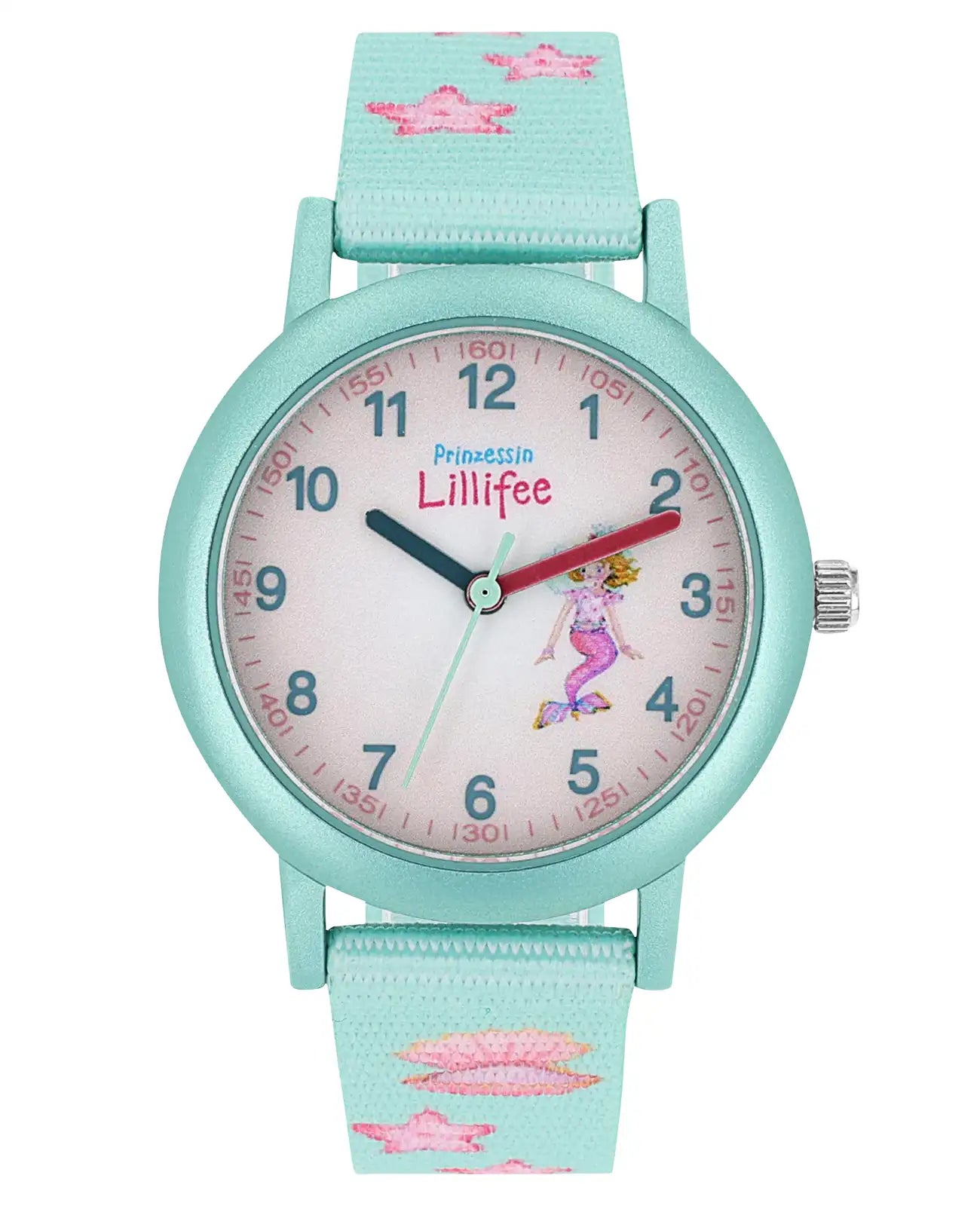 Türkise Kinderuhr mit arabischen zahlen und Seesternmotiven am textilarmband