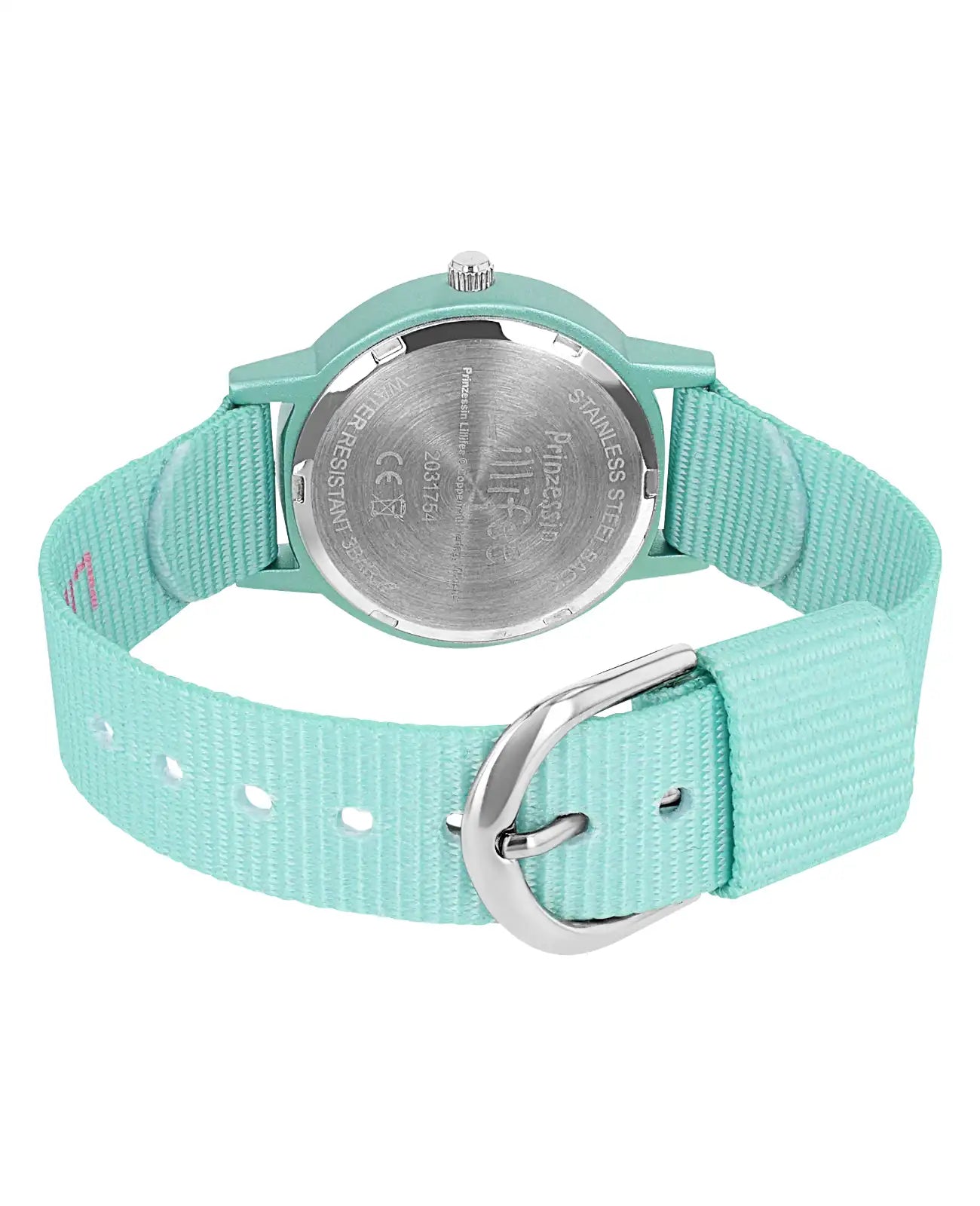 Türkise Kinderuhr mit arabischen zahlen und Seesternmotiven am textilarmband