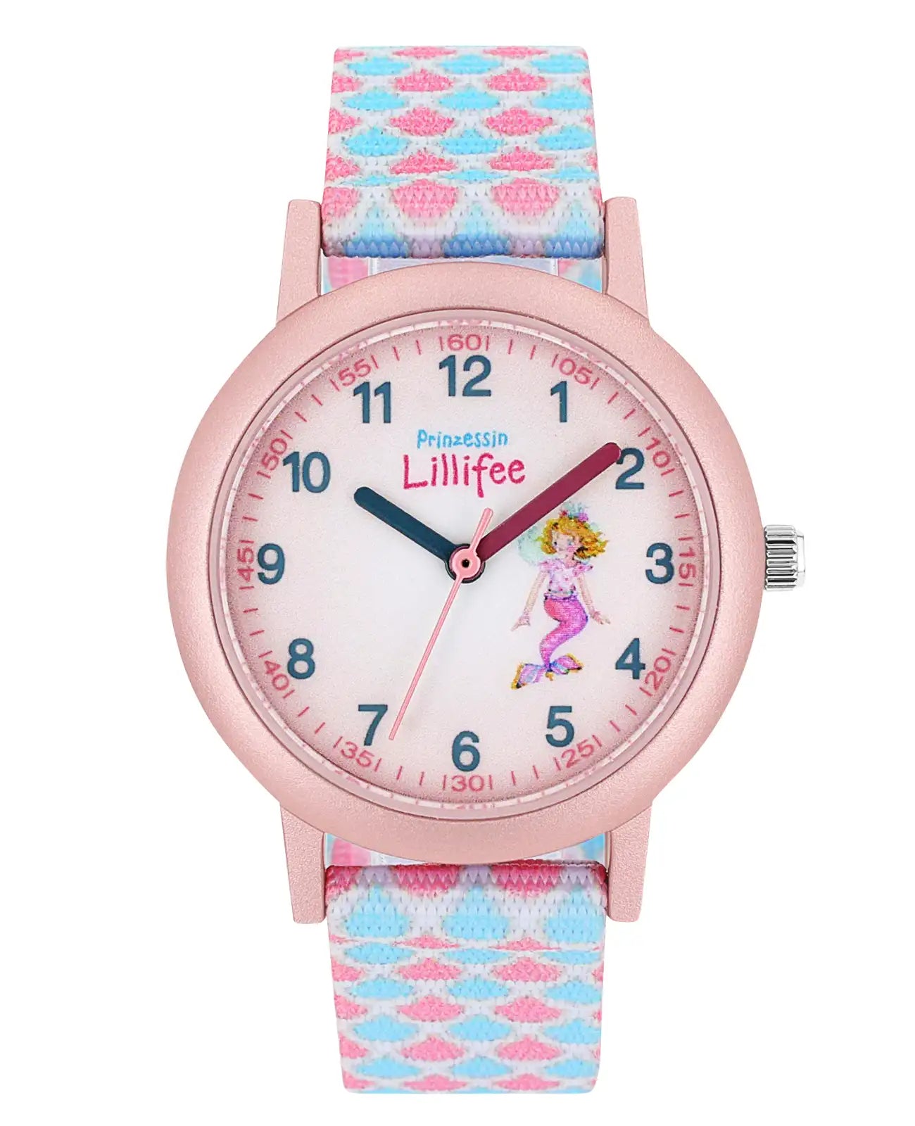 Rosa hellblaue Kinderuhr mit arabischen zahlen und Muschelmotiven am textilarmband