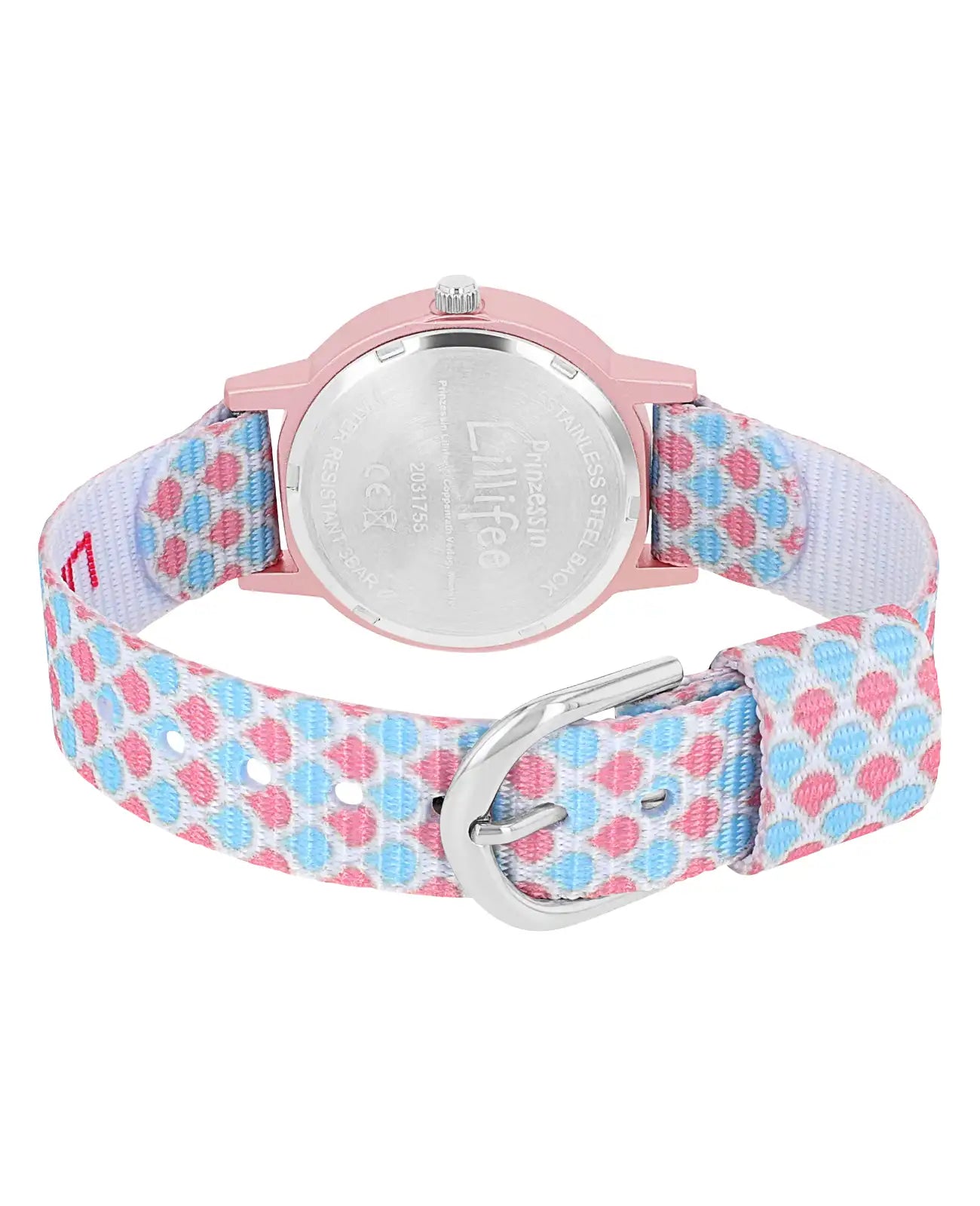 Rosa hellblaue Kinderuhr mit arabischen zahlen und Muschelmotiven am textilarmband