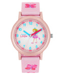 Rosa Kinderuhr mit arabischen zahlen und Schmetterlinmotiven am textilarmband