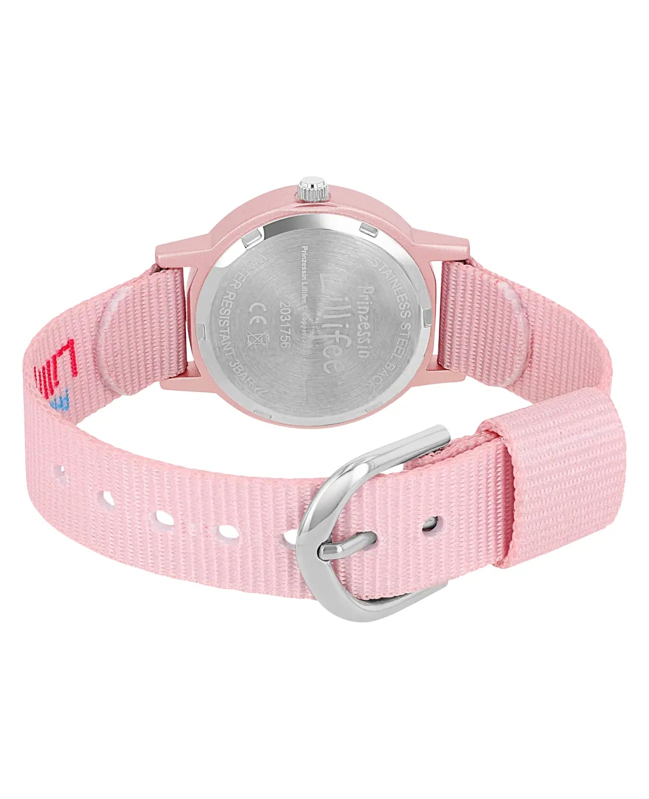 Rosa Kinderuhr mit arabischen zahlen und Schmetterlinmotiven am textilarmband