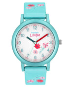 Türkise Kinderuhr mit arabischen zahlen und Blumenmotiven am textilarmband