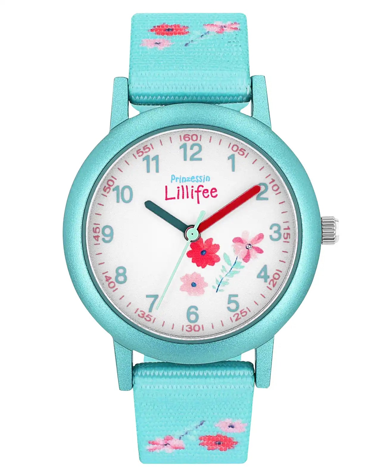 Türkise Kinderuhr mit arabischen zahlen und Blumenmotiven am textilarmband