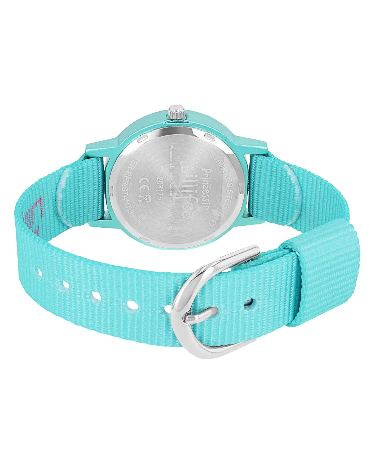 Türkise Kinderuhr mit arabischen zahlen und Blumenmotiven am textilarmband