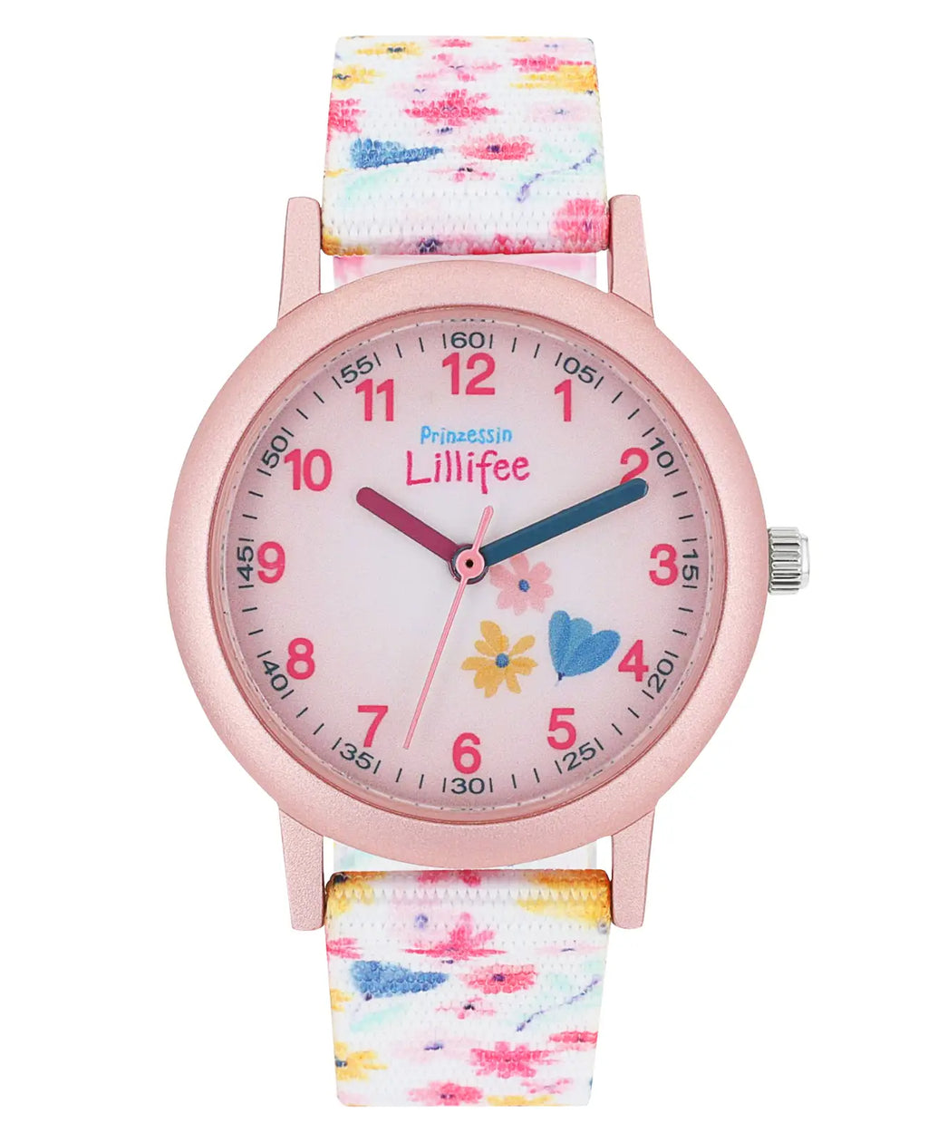 Rosa Kinderuhr mit arabischen zahlen und Blumenmotiven am textilarmband