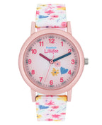 Rosa Kinderuhr mit arabischen zahlen und Blumenmotiven am textilarmband
