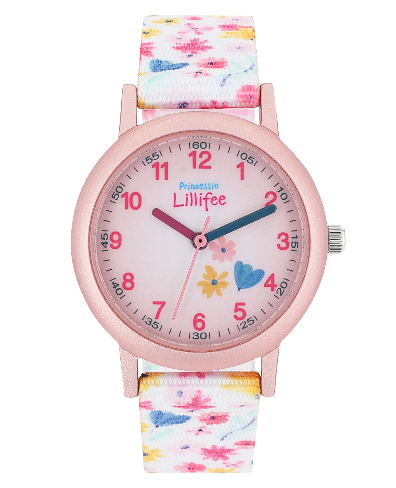 Rosa Kinderuhr mit arabischen zahlen und Blumenmotiven am textilarmband