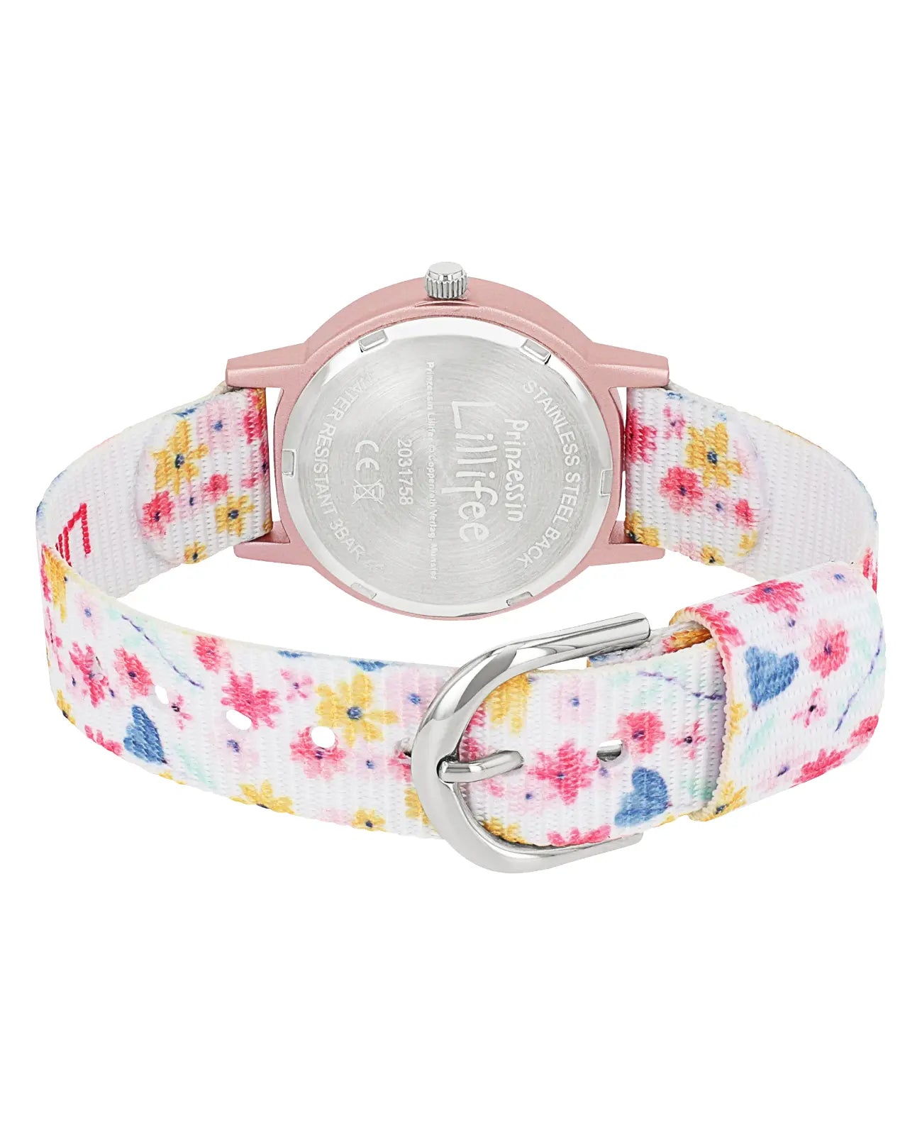 Rosa Kinderuhr mit arabischen zahlen und Blumenmotiven am textilarmband