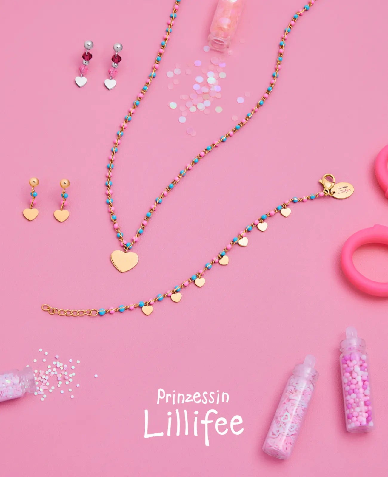 Kinderkette mit rosa und türkisen Kugel vorne großes flaches herz