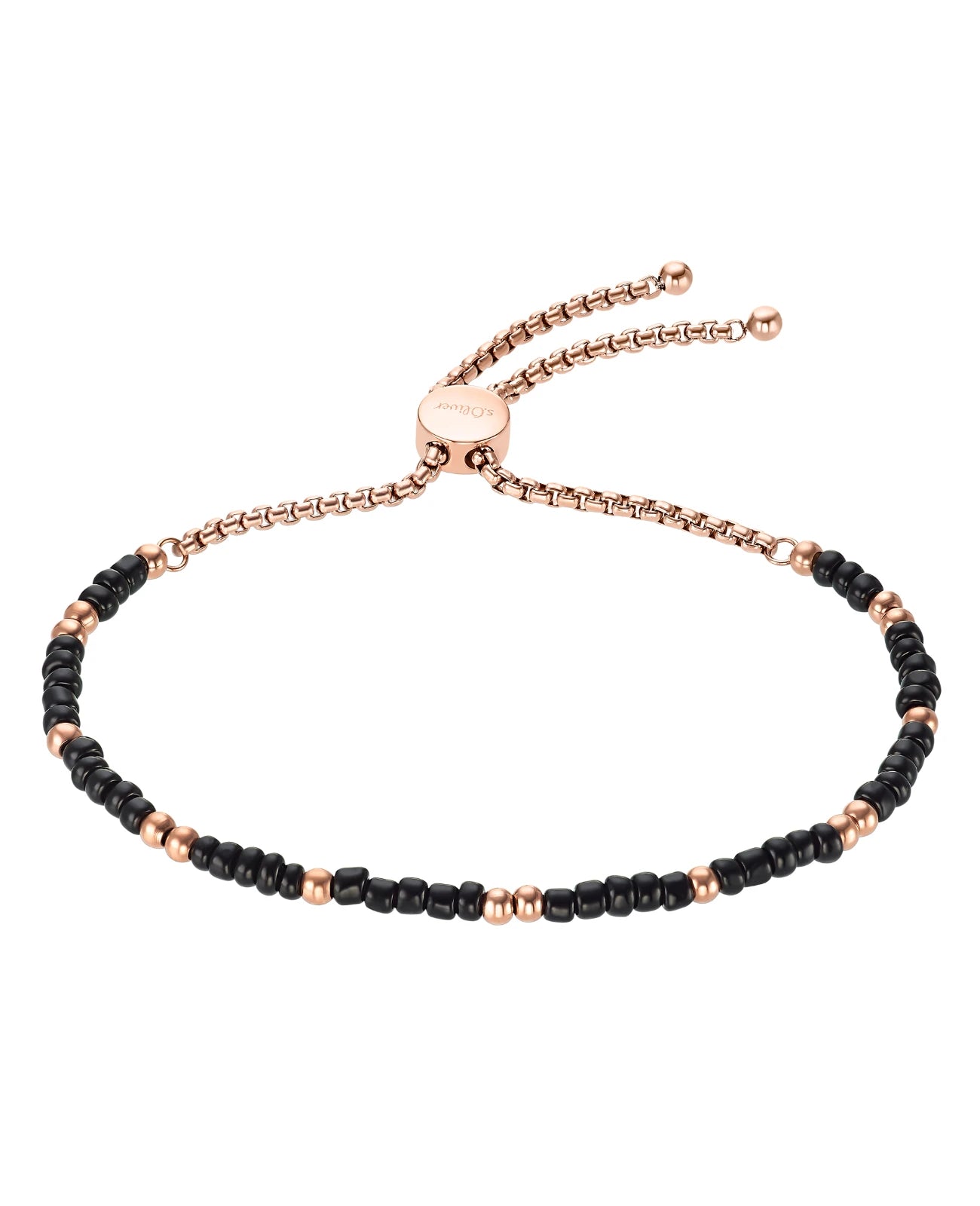 armband aus schwarzen glaskugeln mit rosekugel dazwischen