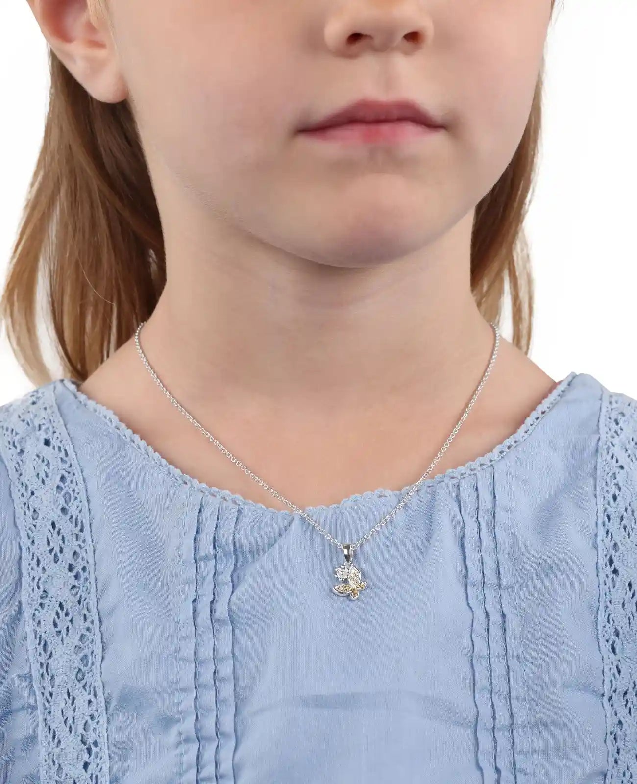kette mit anhaenger blume und schmetterling bestzt mit champagner zirkonia steinen