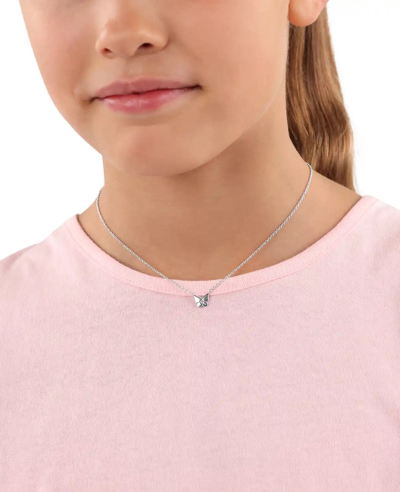 kinderkette mit schmetterlingmotiv und rosa zirkonia in der mitte