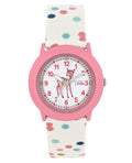 Rosa gehäuse weißes zifferblatt mit Rehkitz motiv helles band mit punkten