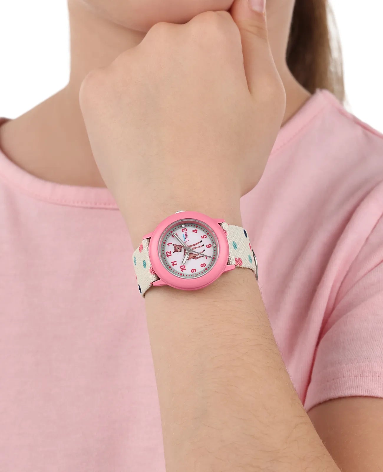 Rosa gehäuse weißes zifferblatt mit Rehkitz motiv helles band mit punkten