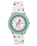 Grünes gehäuse weißes zifferblatt mit Rehkitz motiv helles band mit punkten