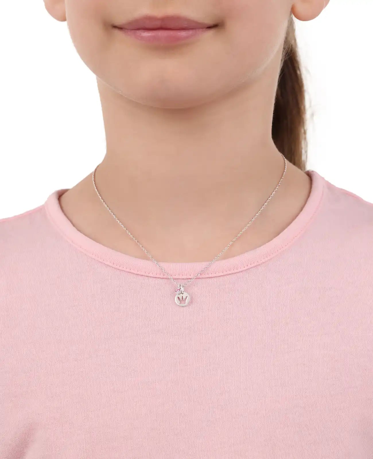kette mit zwei anhänger zirkonia stein rosa und scheibe mit ausgestanzter krone