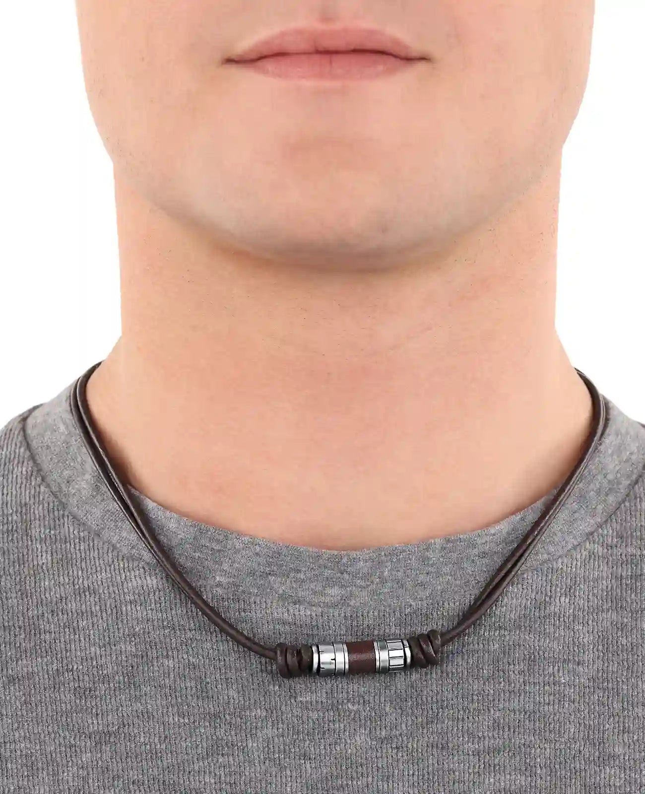 2 reihige leder halskette mit edelstahl und leder mittelteilen