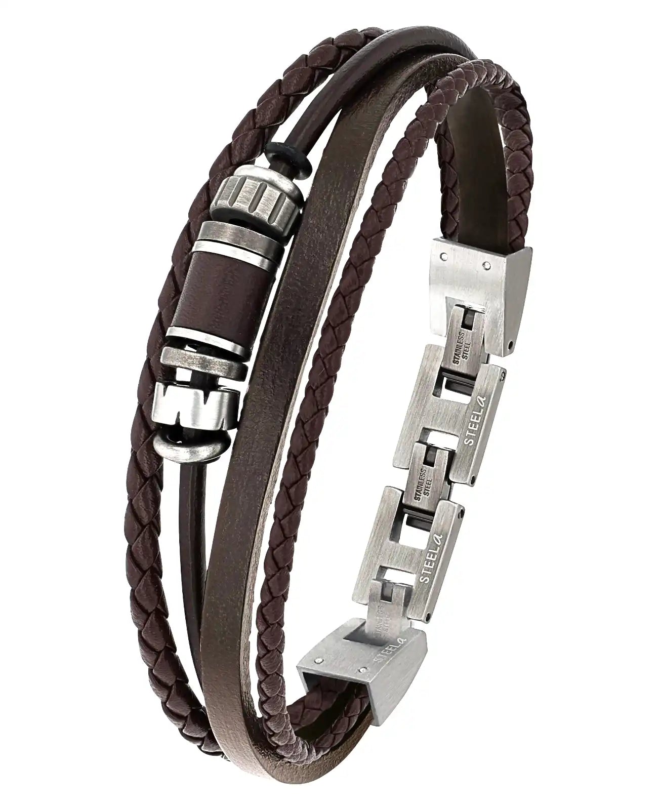 4 reihiges leder armband mir 2 geflochtenen 1 flaches und 1 mit edelstahl besetzten teilen