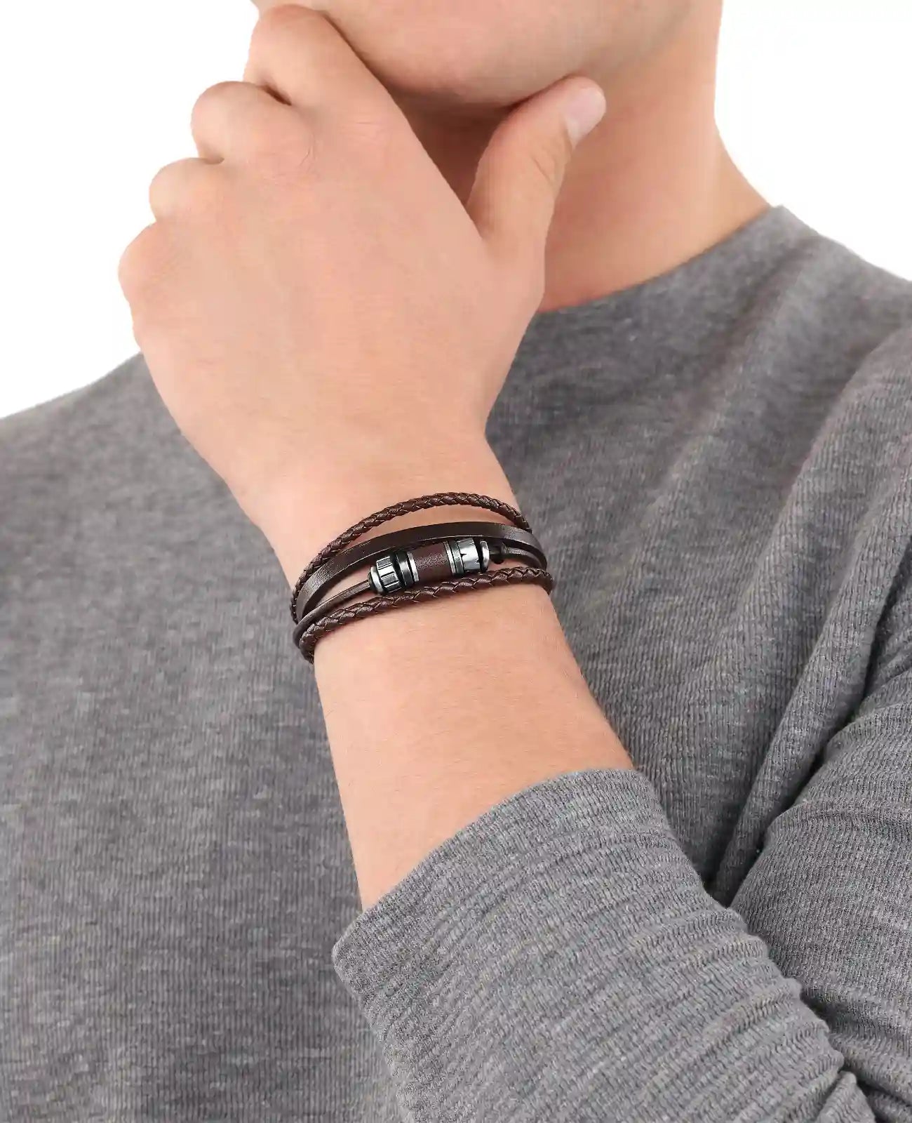 4 reihiges leder armband mir 2 geflochtenen 1 flaches und 1 mit edelstahl besetzten teilen