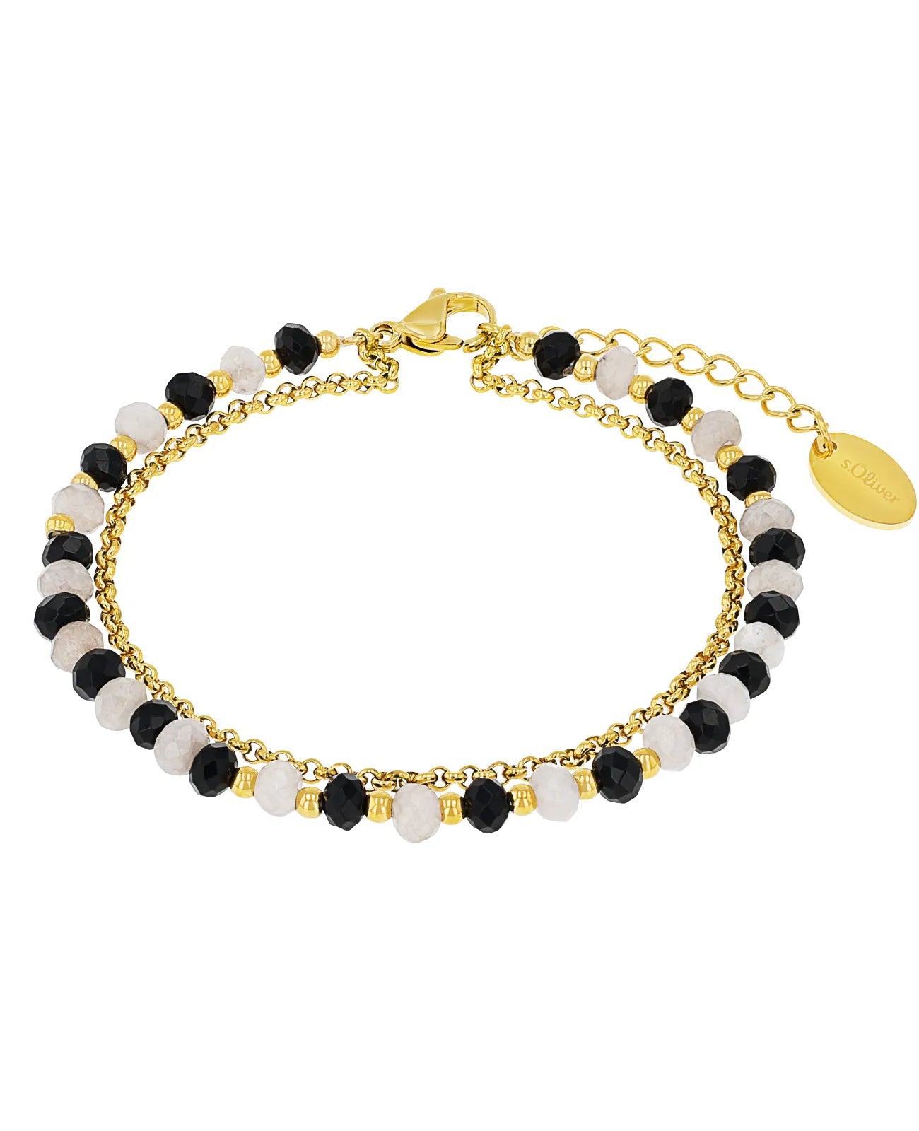 2 reihiges Armband erbskette goldfarben steinkette mit hellen und schwarzen geschliffenen kugeln