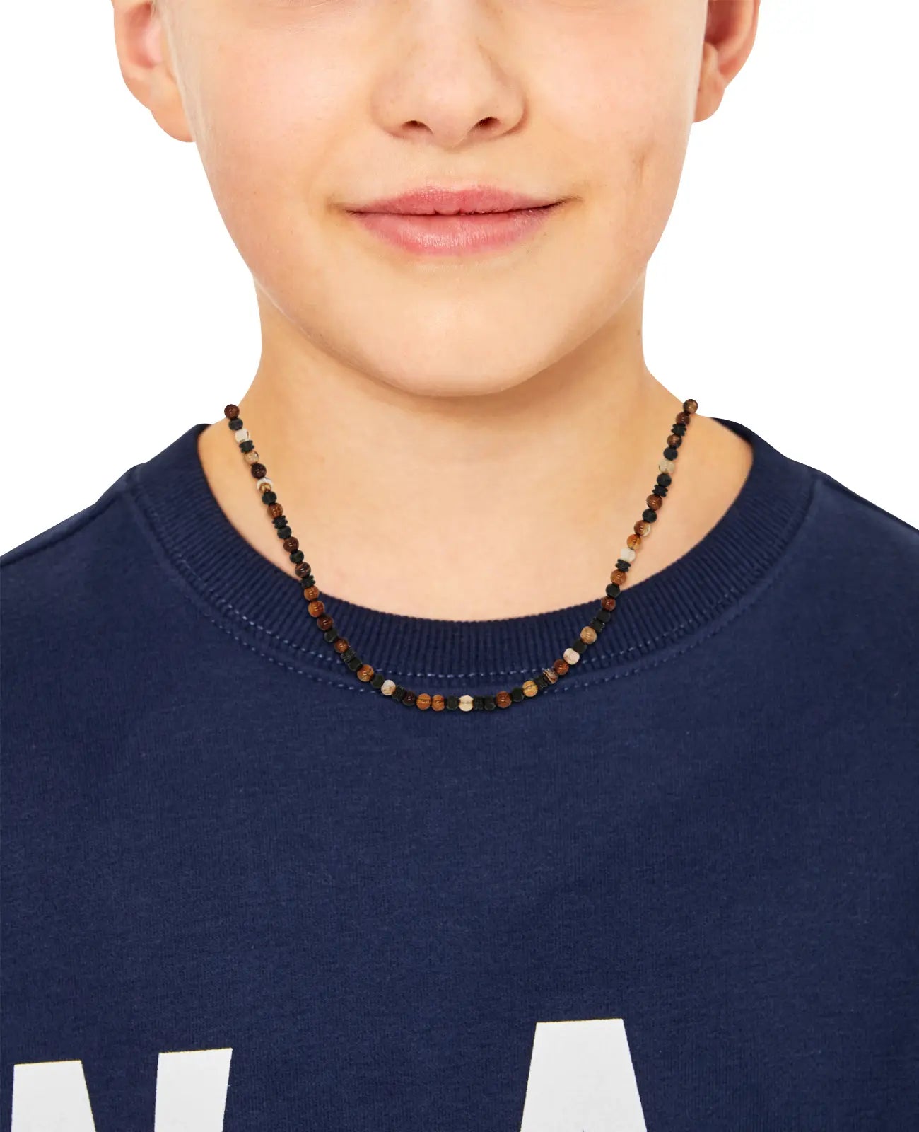 braune steinkette mit schwarzen edelstahl elementen