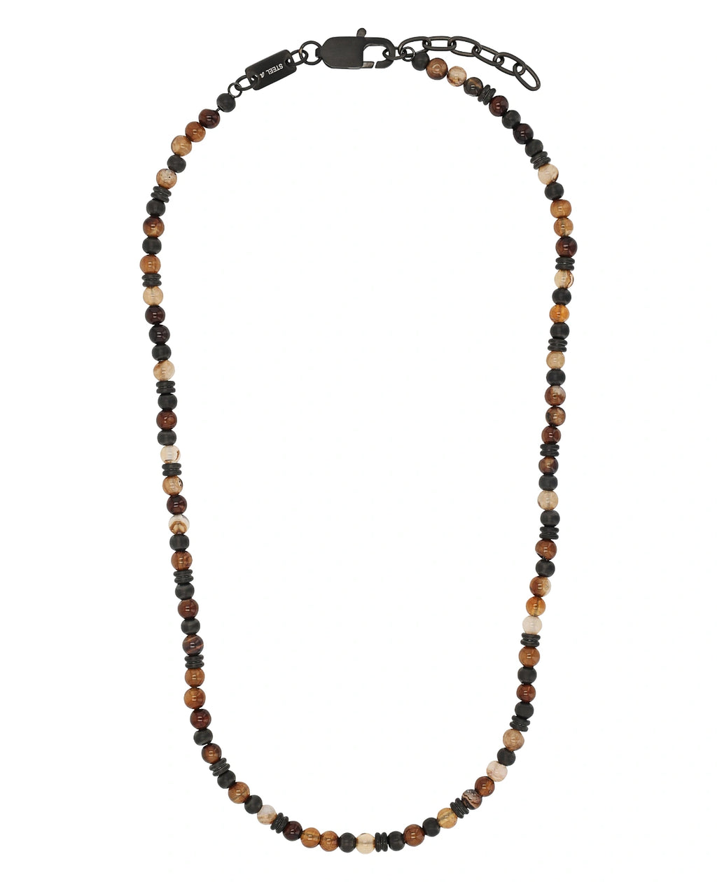 braune steinkette mit schwarzen edelstahl elementen