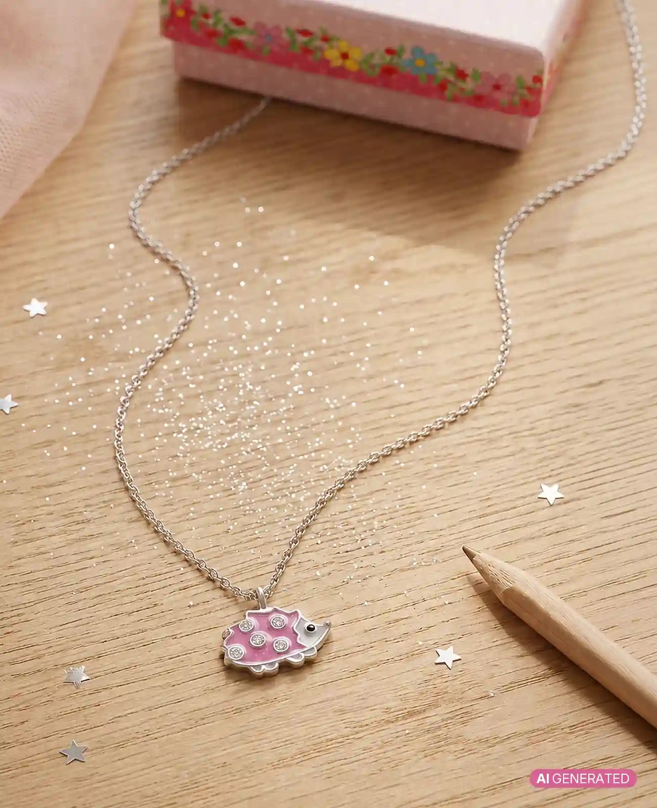Ankerkette mit Igel Anhänger mit rosa Lackeinlage und mehreren Zirkonia Steinen