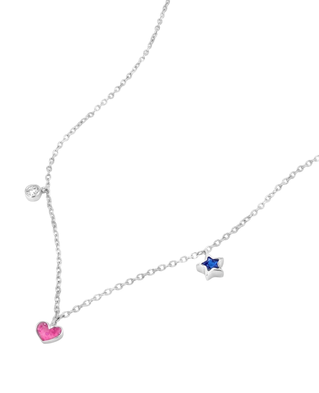 Anker Haskette mit je einen runden Zirkonia Anhänger, rosa Herzanhänger und blauen Sternanhänger