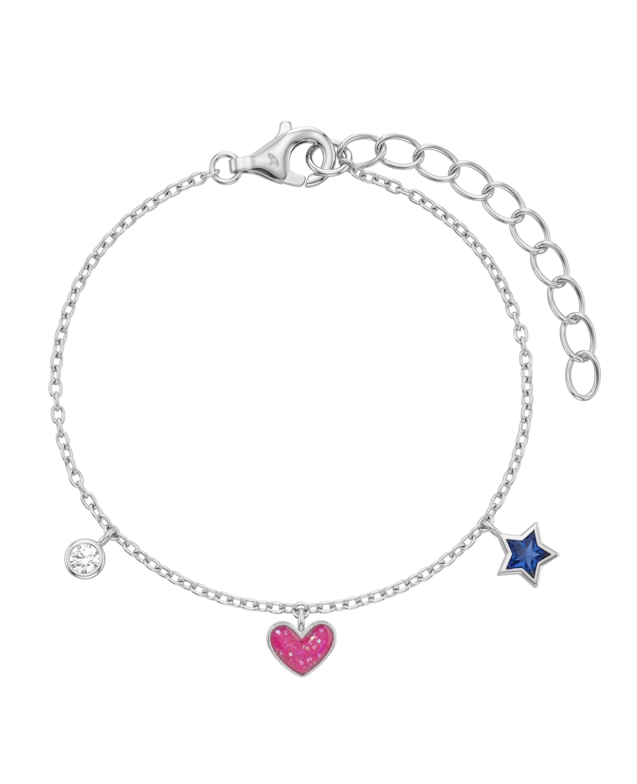 Anker Armkette mit je einen runden Zirkonia Anhänger, rosa Herzanhänger und blauen Sternanhänger