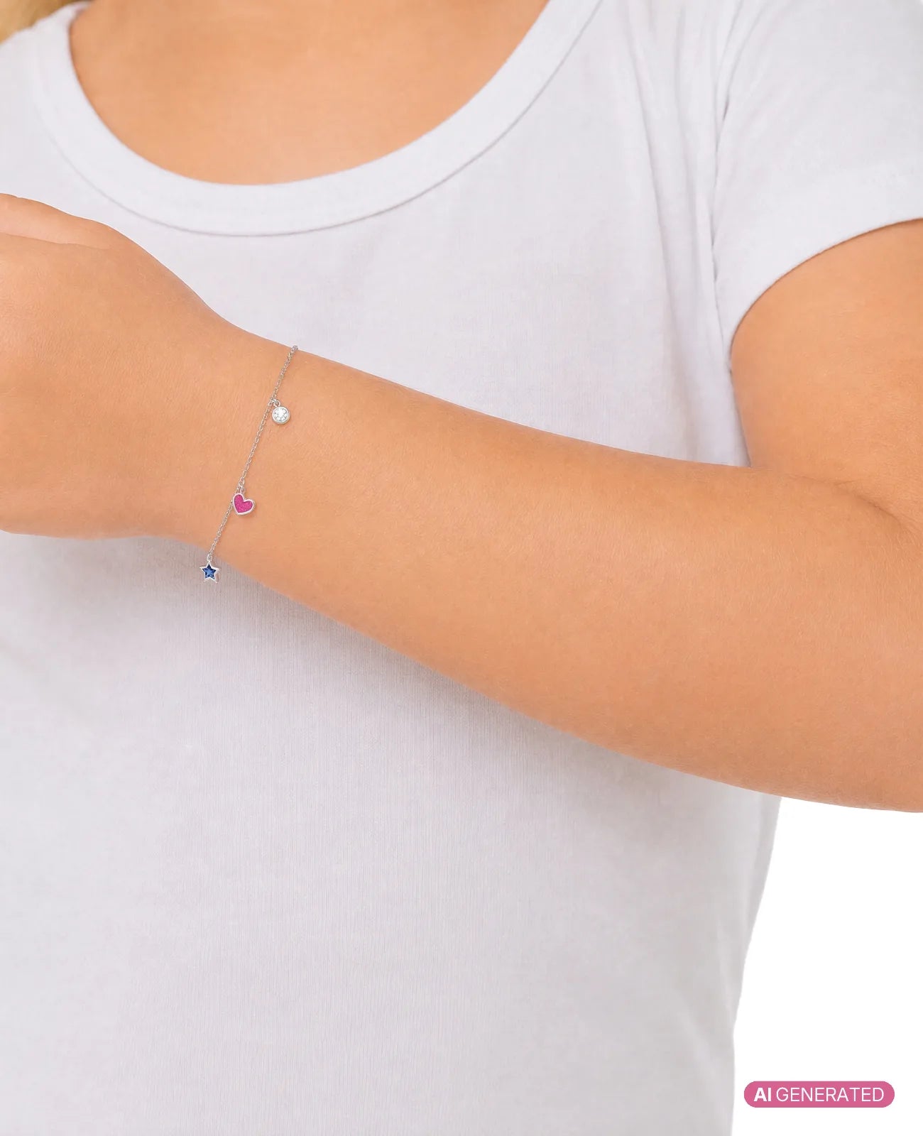 Anker Armkette mit je einen runden Zirkonia Anhänger, rosa Herzanhänger und blauen Sternanhänger