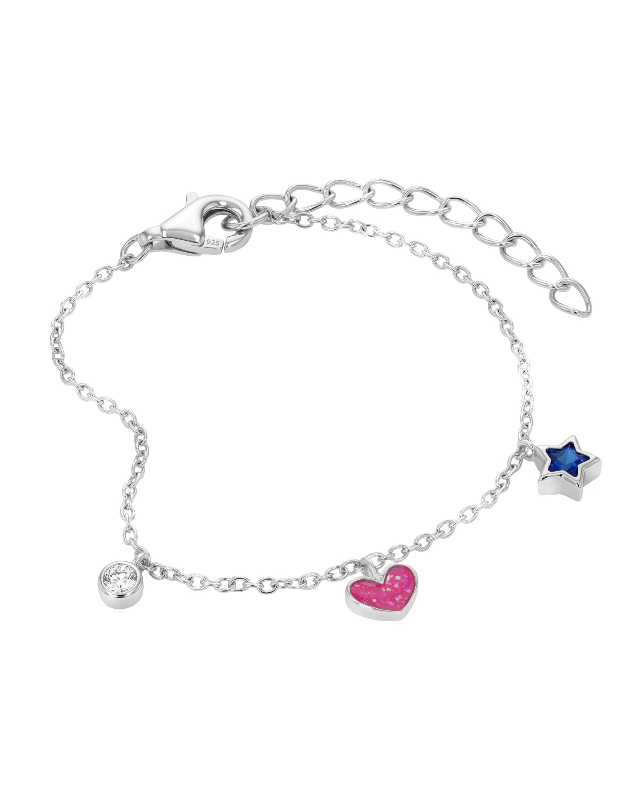 Anker Armkette mit je einen runden Zirkonia Anhänger, rosa Herzanhänger und blauen Sternanhänger