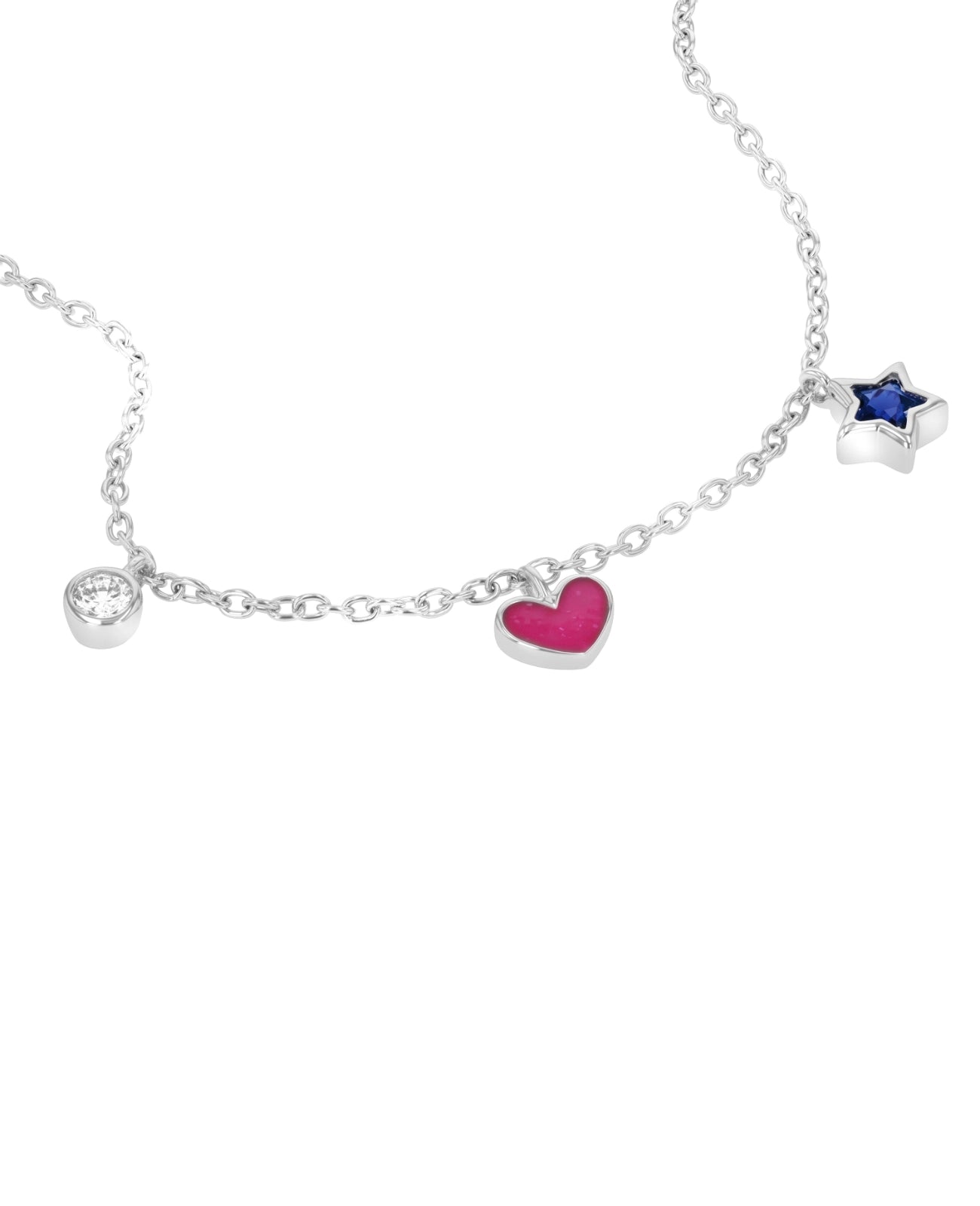 Anker Armkette mit je einen runden Zirkonia Anhänger, rosa Herzanhänger und blauen Sternanhänger
