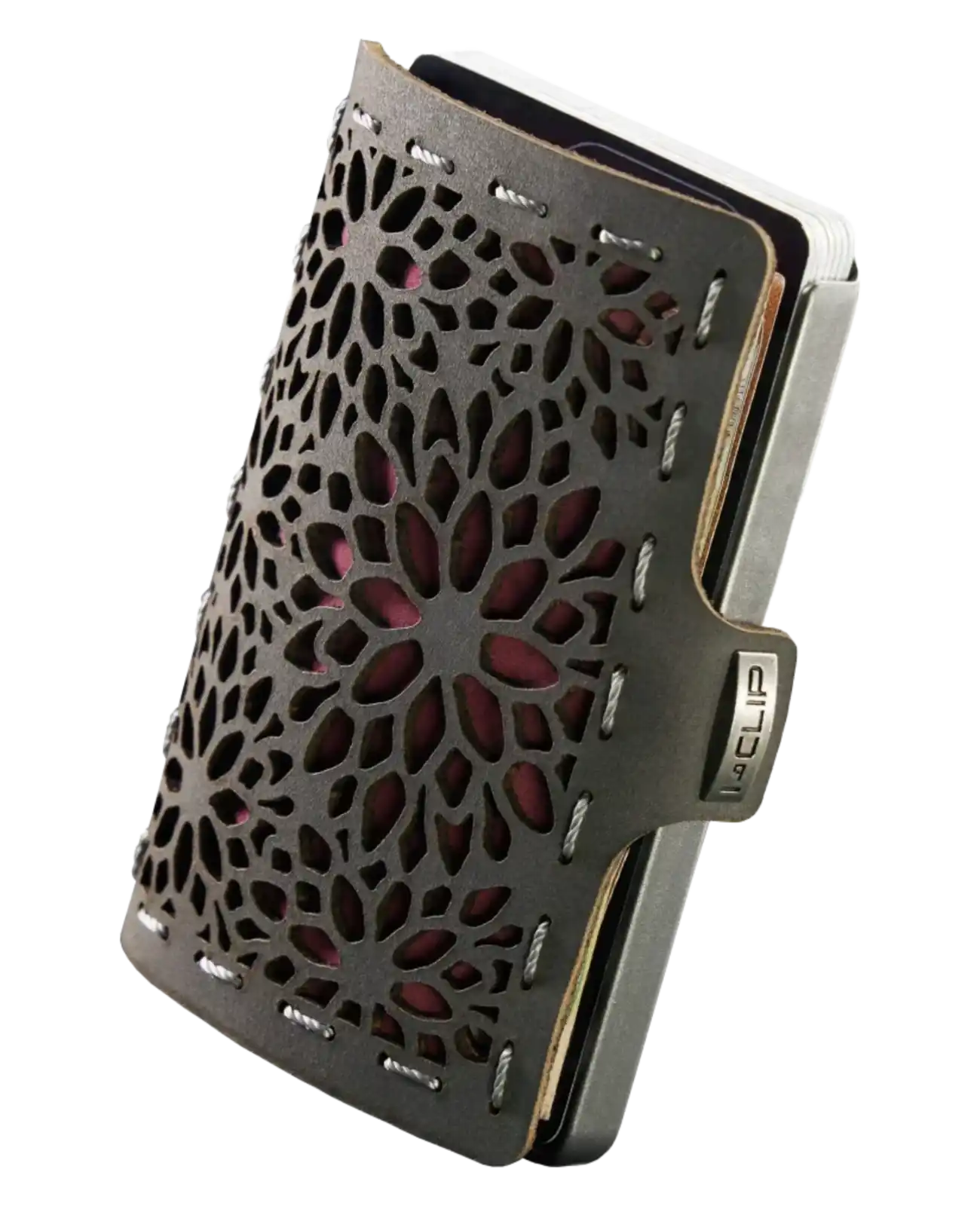 brauner iclip mit gestanzten blumenmotiv