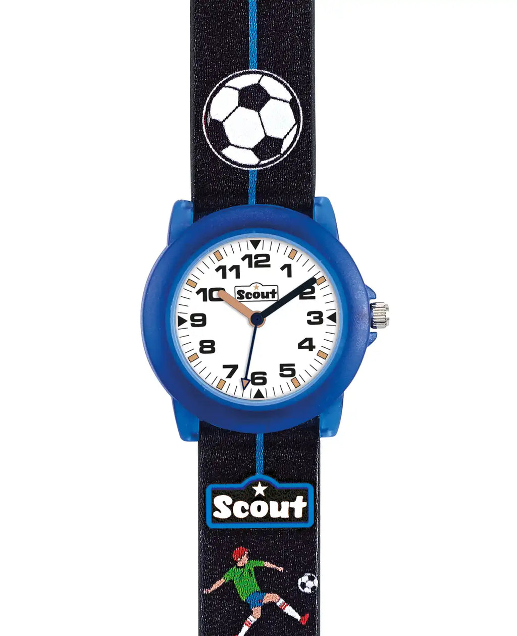 blaues gehäuse schwarzes band mit Fussball und Fußballer am band