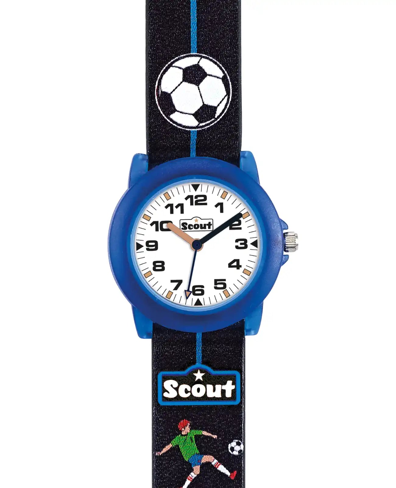 blaues gehäuse schwarzes band mit Fussball und Fußballer am band